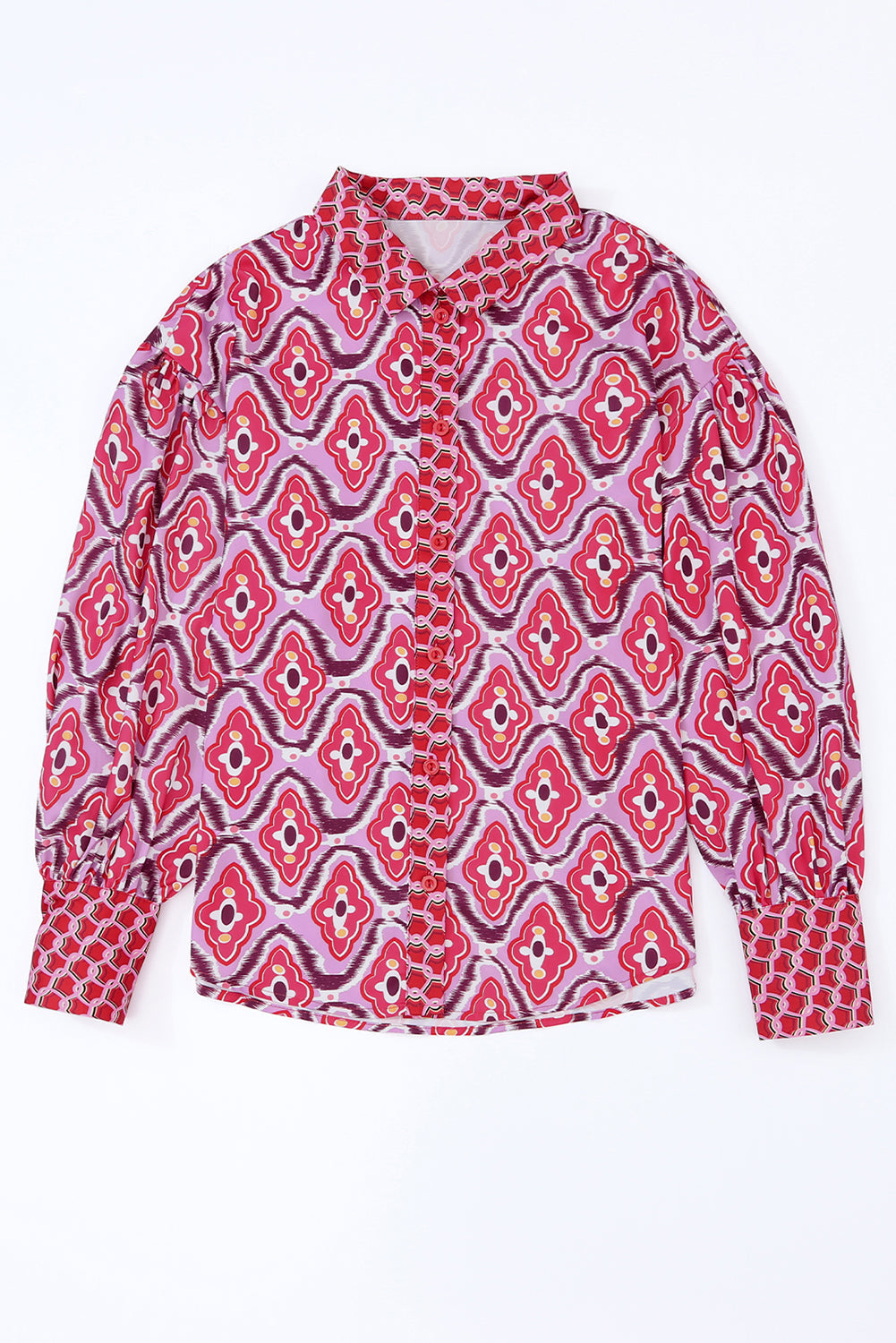 A stylish women's Abstract Print Button Up Long Sleeve Shirt in rosy color, featuring a fitted design and button-down closure.