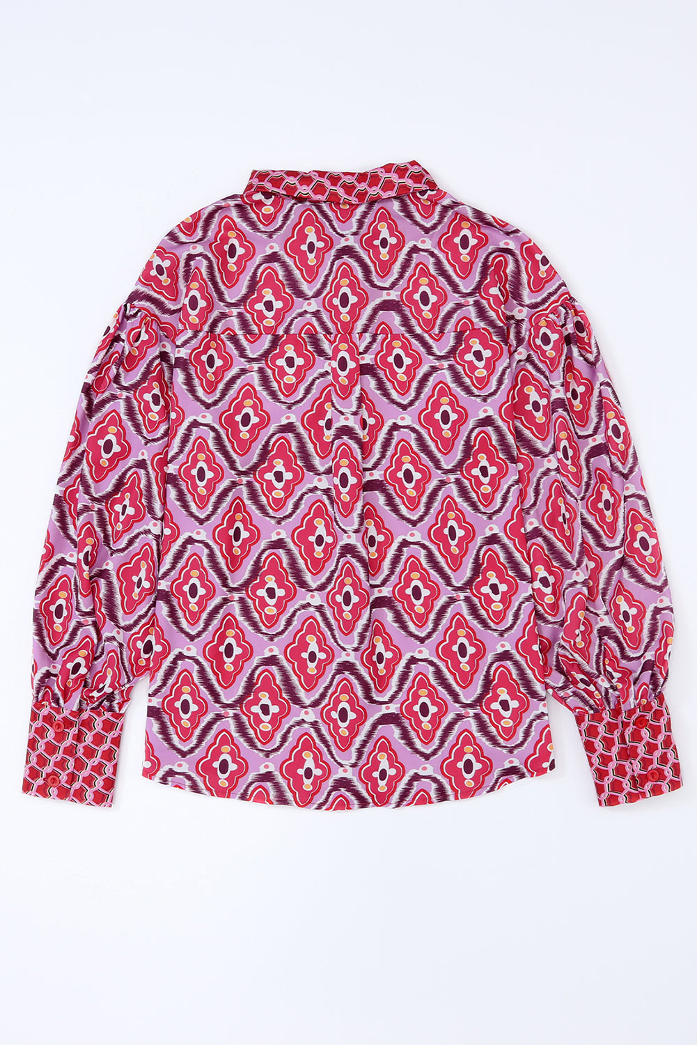 A stylish women's Abstract Print Button Up Long Sleeve Shirt in rosy color, featuring a fitted design and button-down closure.