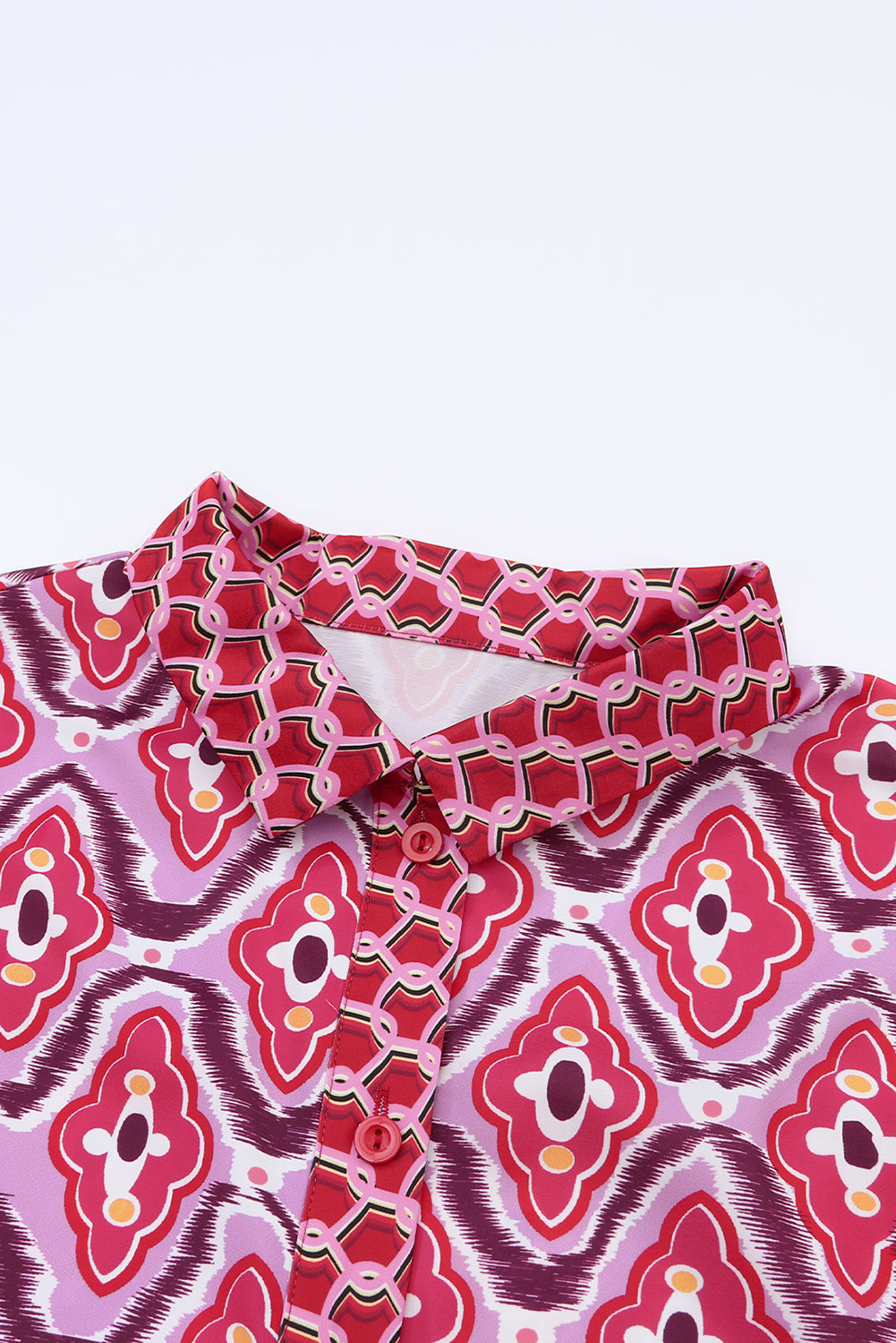 A stylish women's Abstract Print Button Up Long Sleeve Shirt in rosy color, featuring a fitted design and button-down closure.