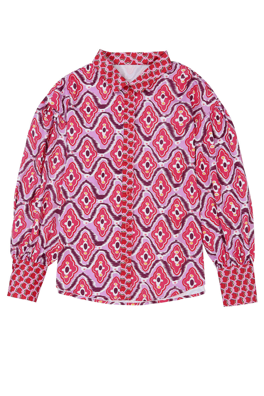 A stylish women's Abstract Print Button Up Long Sleeve Shirt in rosy color, featuring a fitted design and button-down closure.