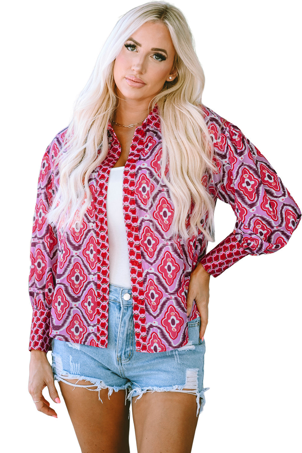 A stylish women's Abstract Print Button Up Long Sleeve Shirt in rosy color, featuring a fitted design and button-down closure.