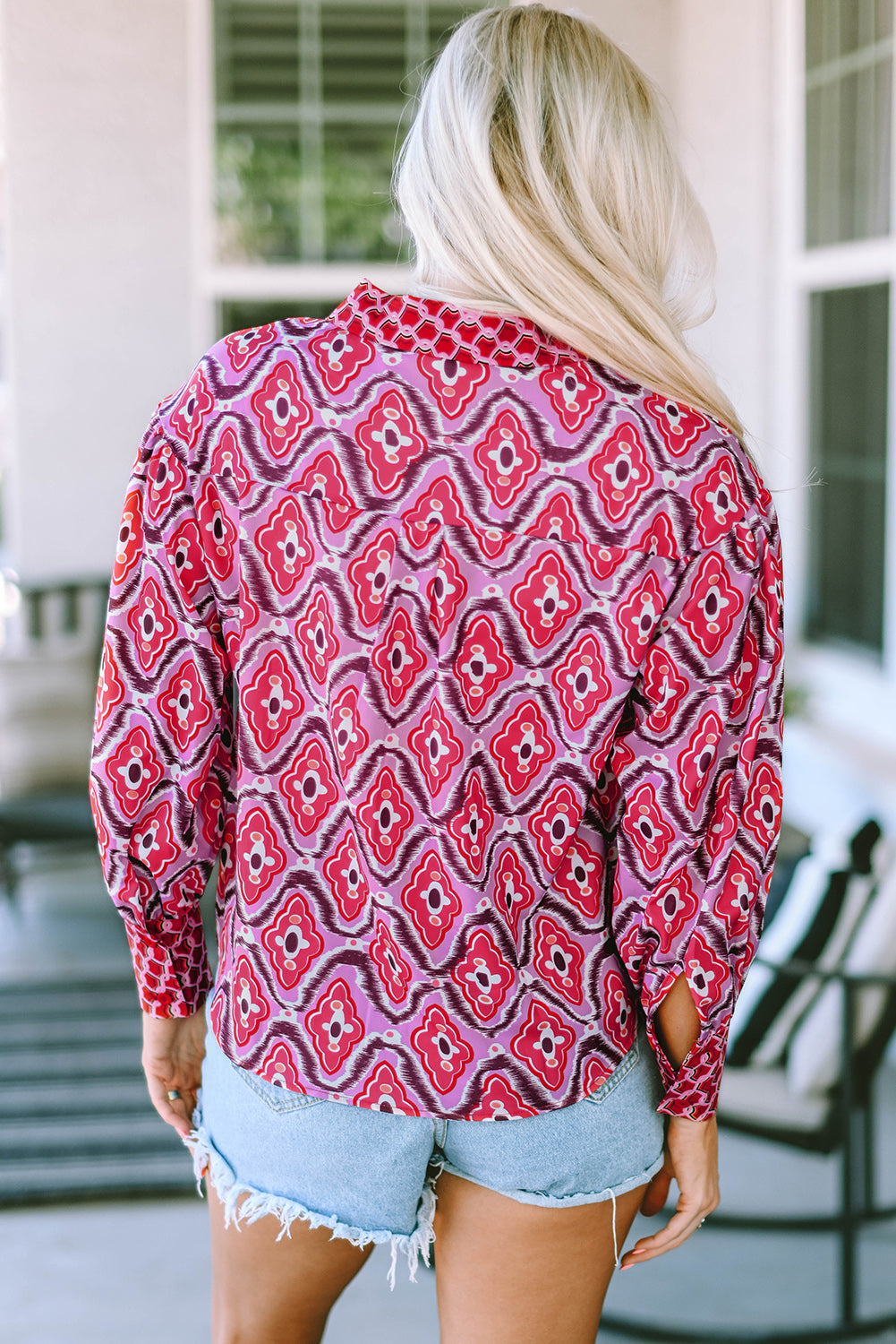 A stylish women's Abstract Print Button Up Long Sleeve Shirt in rosy color, featuring a fitted design and button-down closure.