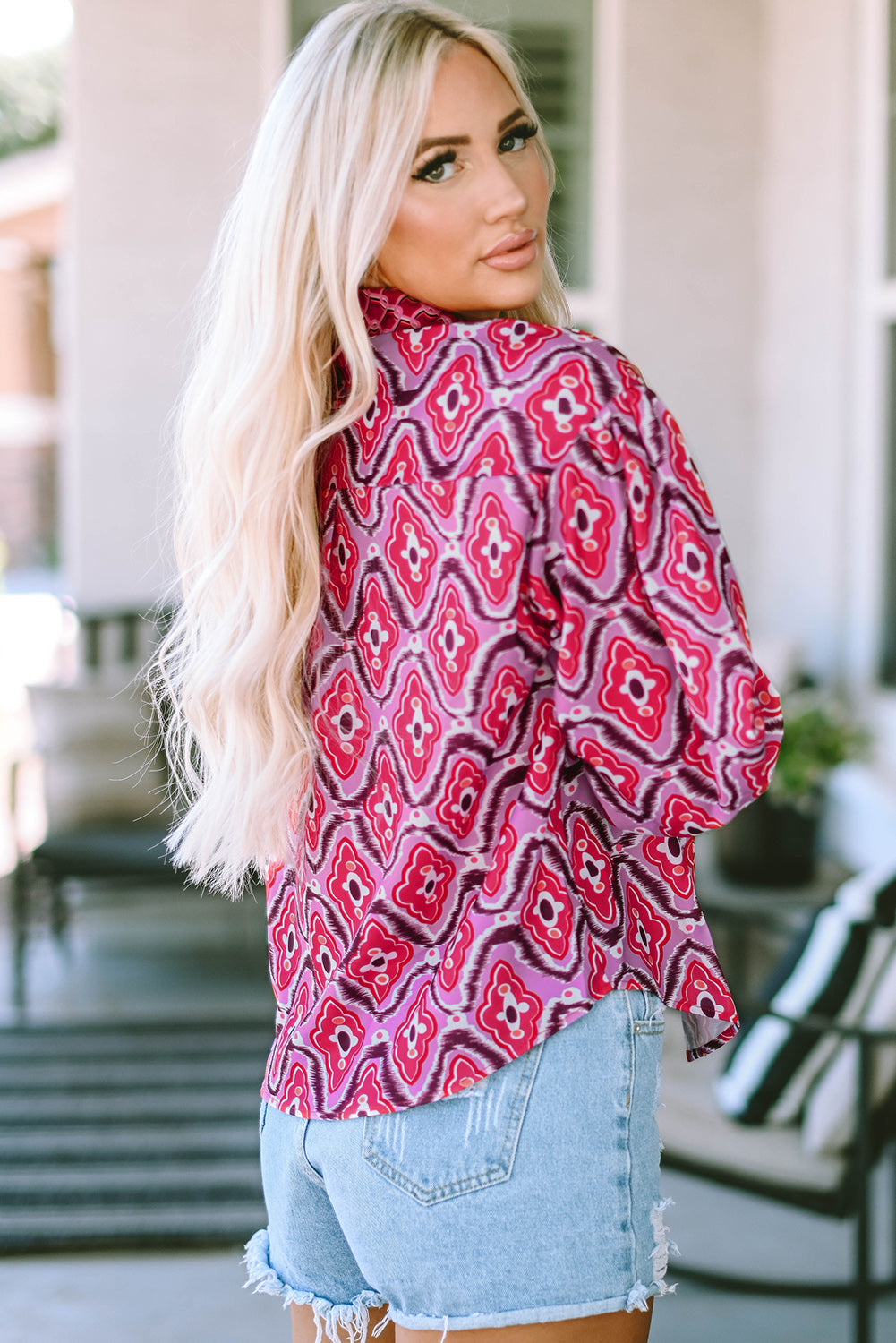 A stylish women's Abstract Print Button Up Long Sleeve Shirt in rosy color, featuring a fitted design and button-down closure.