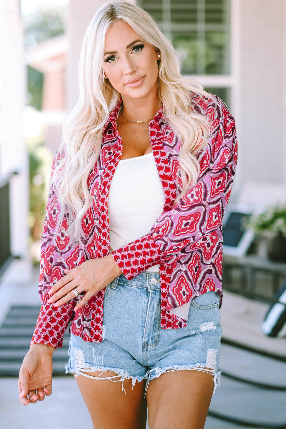 A stylish women's Abstract Print Button Up Long Sleeve Shirt in rosy color, featuring a fitted design and button-down closure.