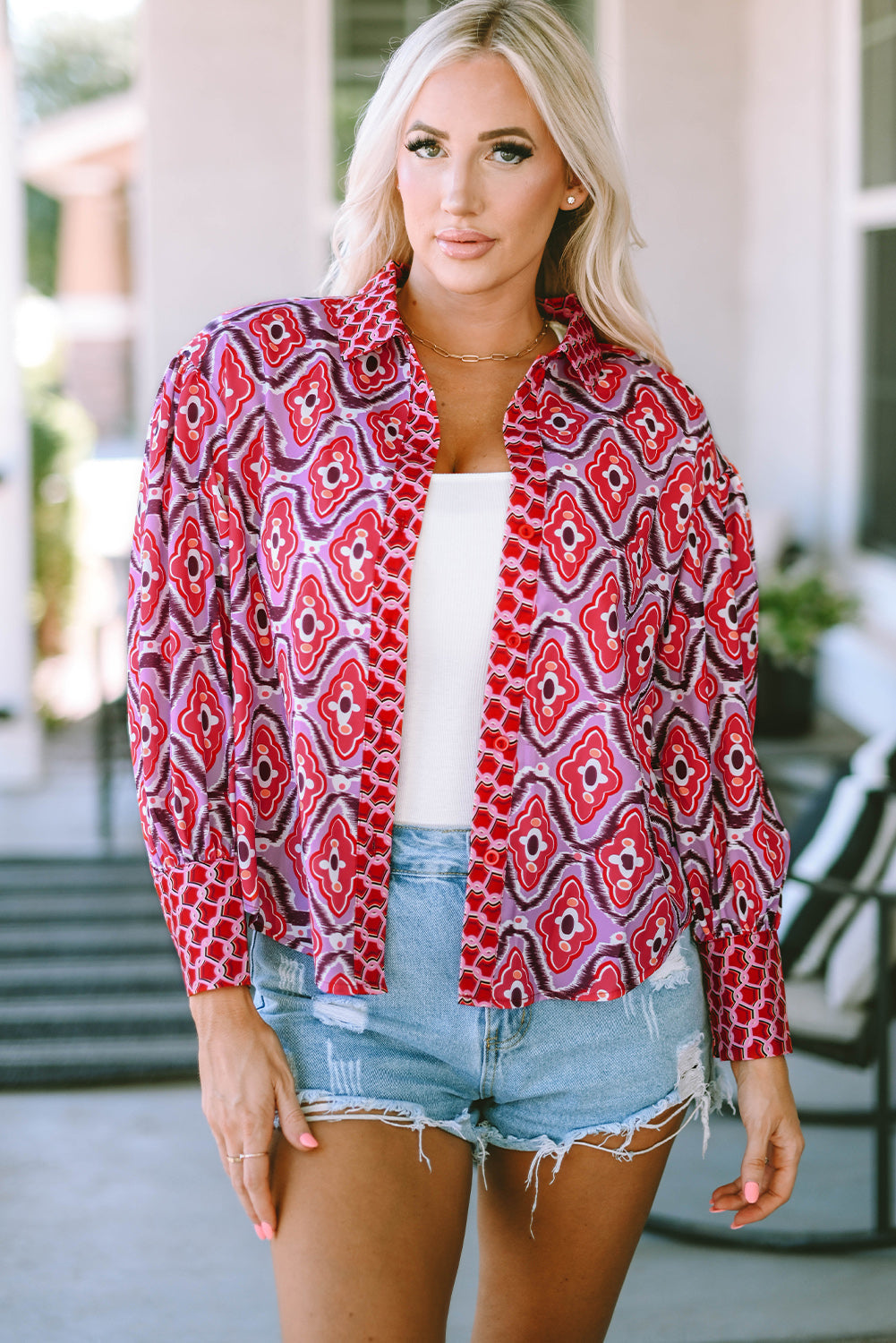 A stylish women's Abstract Print Button Up Long Sleeve Shirt in rosy color, featuring a fitted design and button-down closure.