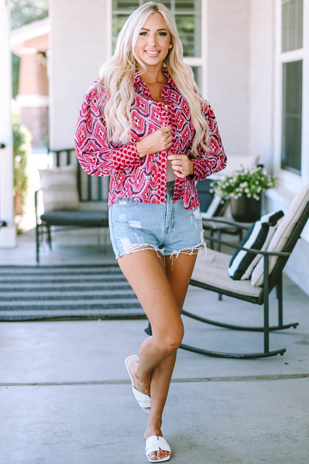 A stylish women's Abstract Print Button Up Long Sleeve Shirt in rosy color, featuring a fitted design and button-down closure.