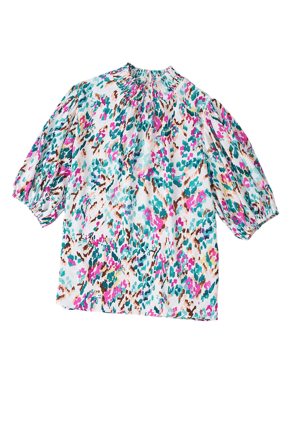 Abstract Print Puff Sleeve Mock Neck Blouse featuring a modern silhouette and chic design with puff sleeves.