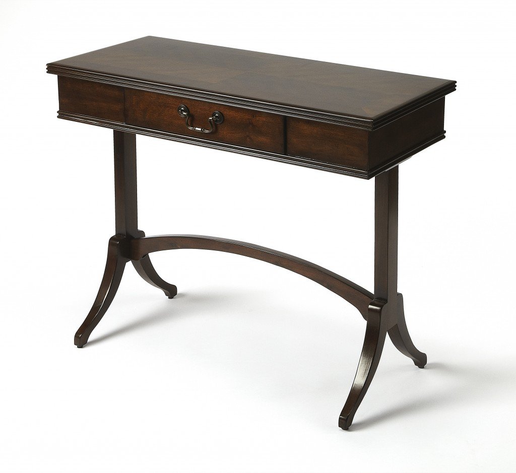 Acacia and Pinewood Coffee Writing Desk featuring an arched base, antique brass handle, and dark brown finish, perfect for home or office use.