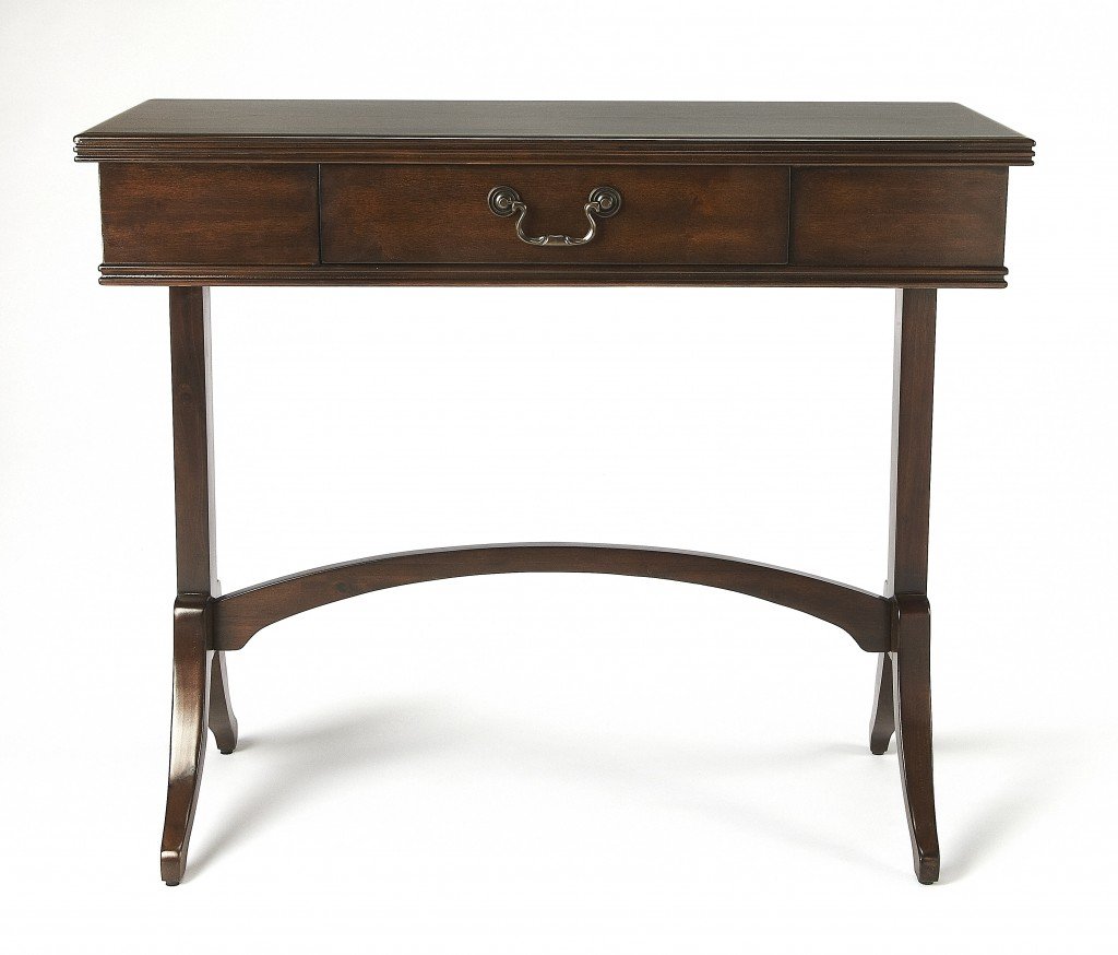 Acacia and Pinewood Coffee Writing Desk featuring an arched base, antique brass handle, and dark brown finish, perfect for home or office use.