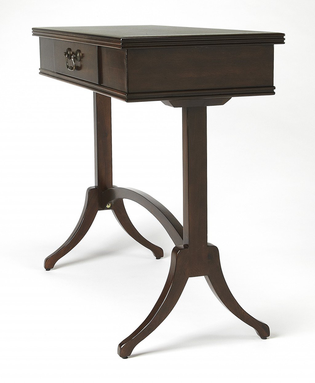 Acacia and Pinewood Coffee Writing Desk featuring an arched base, antique brass handle, and dark brown finish, perfect for home or office use.