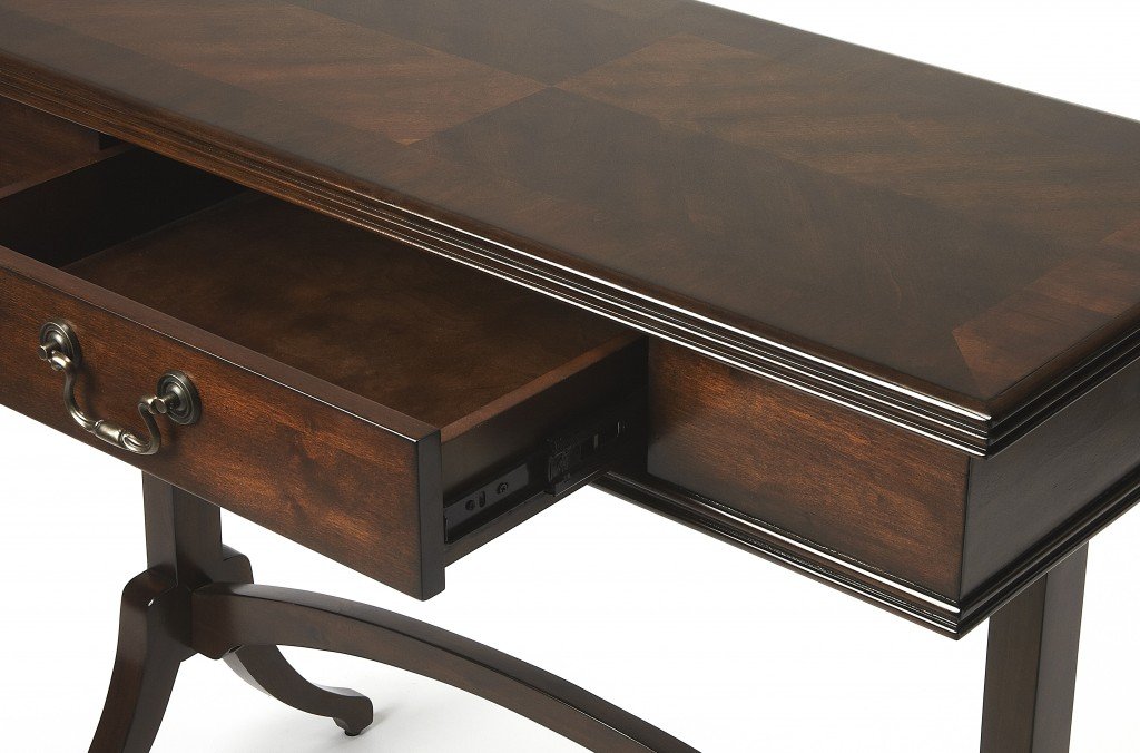 Acacia and Pinewood Coffee Writing Desk featuring an arched base, antique brass handle, and dark brown finish, perfect for home or office use.