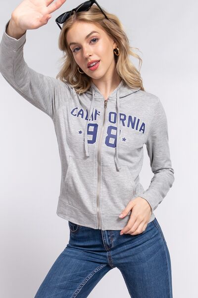 ACTIVE BASIC CALIFORNIA Zip Up Drawstring Long Sleeve Hoodie featuring a zip-up front, adjustable hood, and trendy logo design.