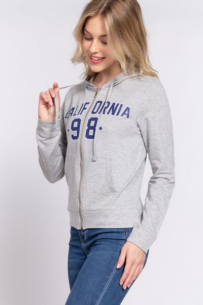 ACTIVE BASIC CALIFORNIA Zip Up Drawstring Long Sleeve Hoodie featuring a zip-up front, adjustable hood, and trendy logo design.