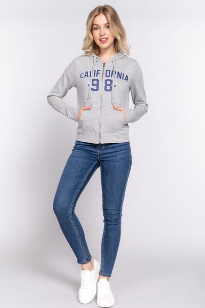 ACTIVE BASIC CALIFORNIA Zip Up Drawstring Long Sleeve Hoodie featuring a zip-up front, adjustable hood, and trendy logo design.