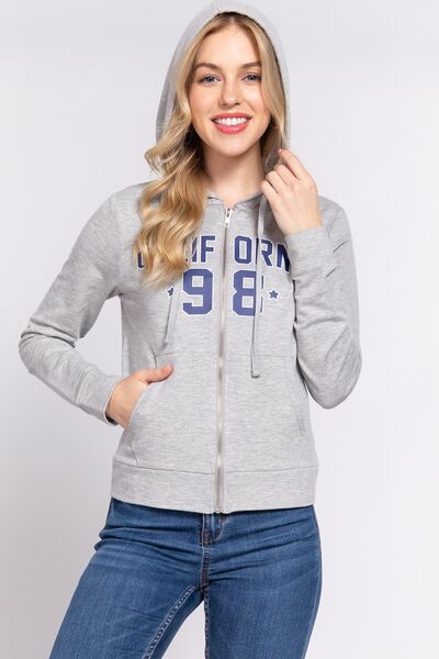 ACTIVE BASIC CALIFORNIA Zip Up Drawstring Long Sleeve Hoodie featuring a zip-up front, adjustable hood, and trendy logo design.