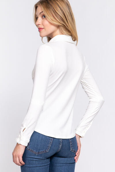 ACTIVE BASIC Long Sleeve Front Pocket DTY Brushed Shirt in a cozy fabric, featuring a stylish front pocket and long sleeves.