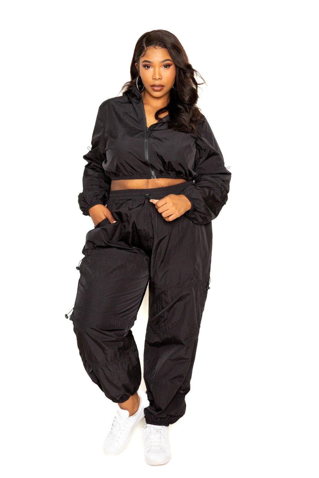 Active Zip Up Set featuring cord lock detail, made from 95% polyester and 5% spandex, available in black and plus sizes.