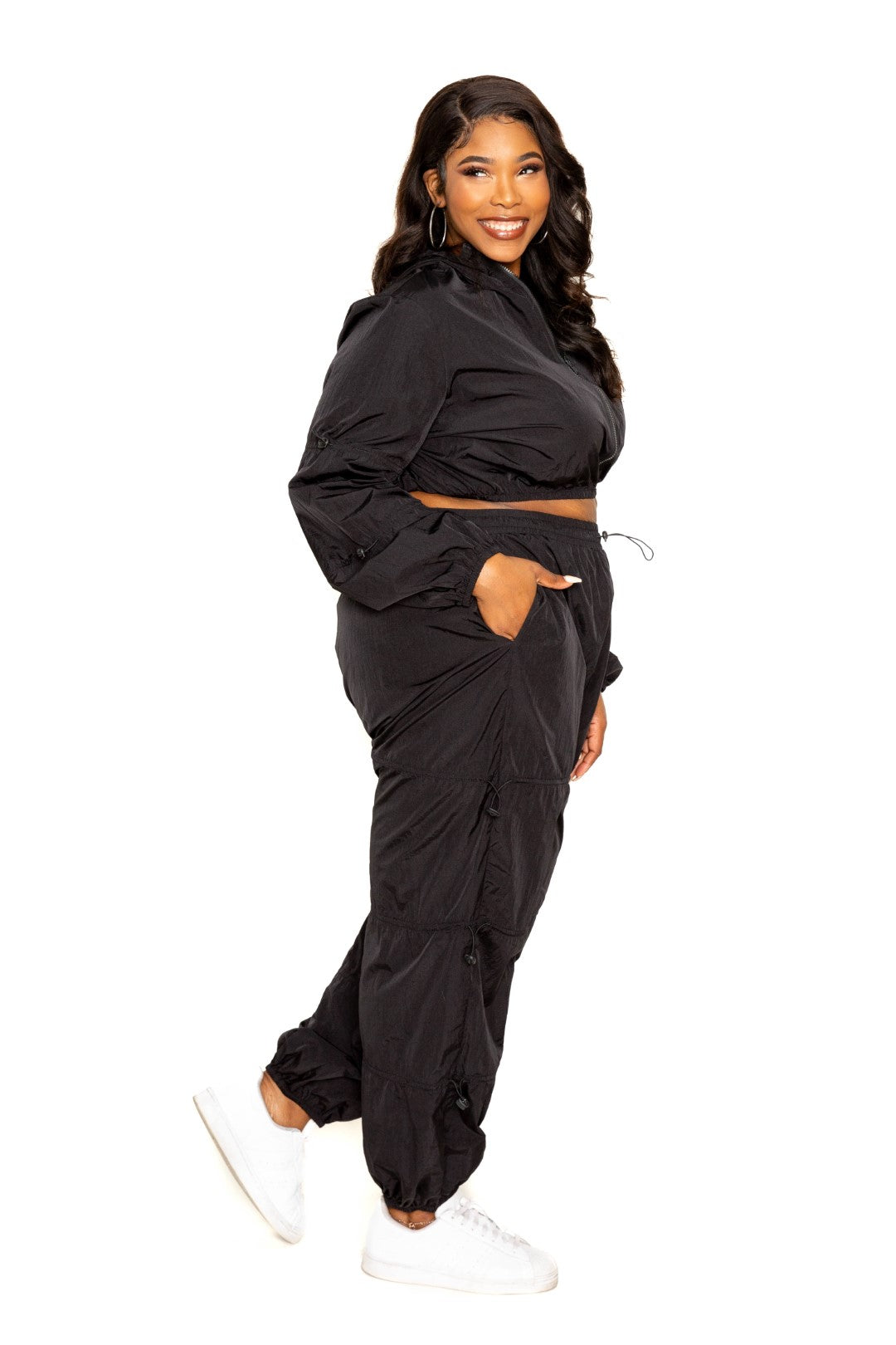 Active Zip Up Set featuring cord lock detail, made from 95% polyester and 5% spandex, available in black and plus sizes.