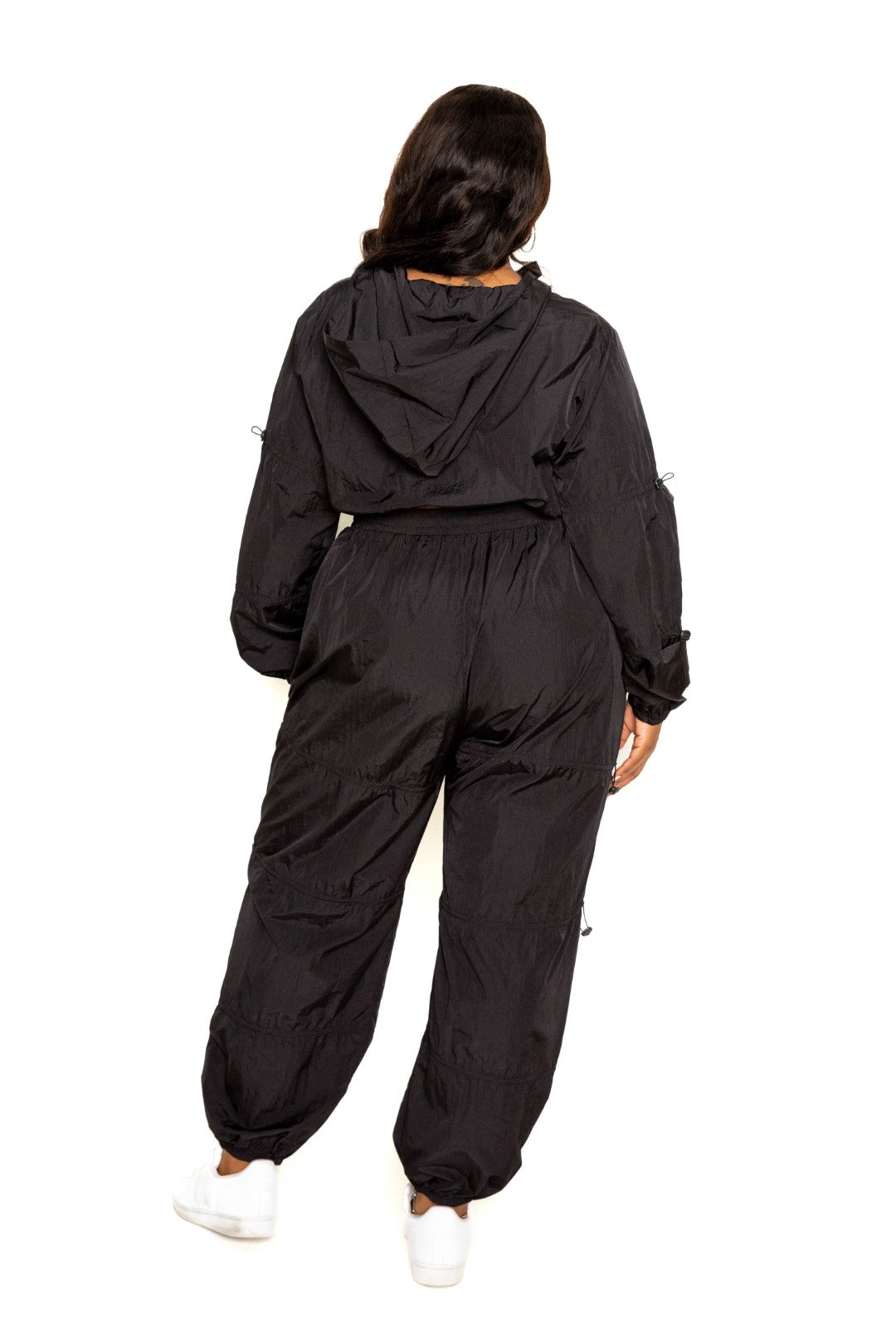 Active Zip Up Set featuring cord lock detail, made from 95% polyester and 5% spandex, available in black and plus sizes.