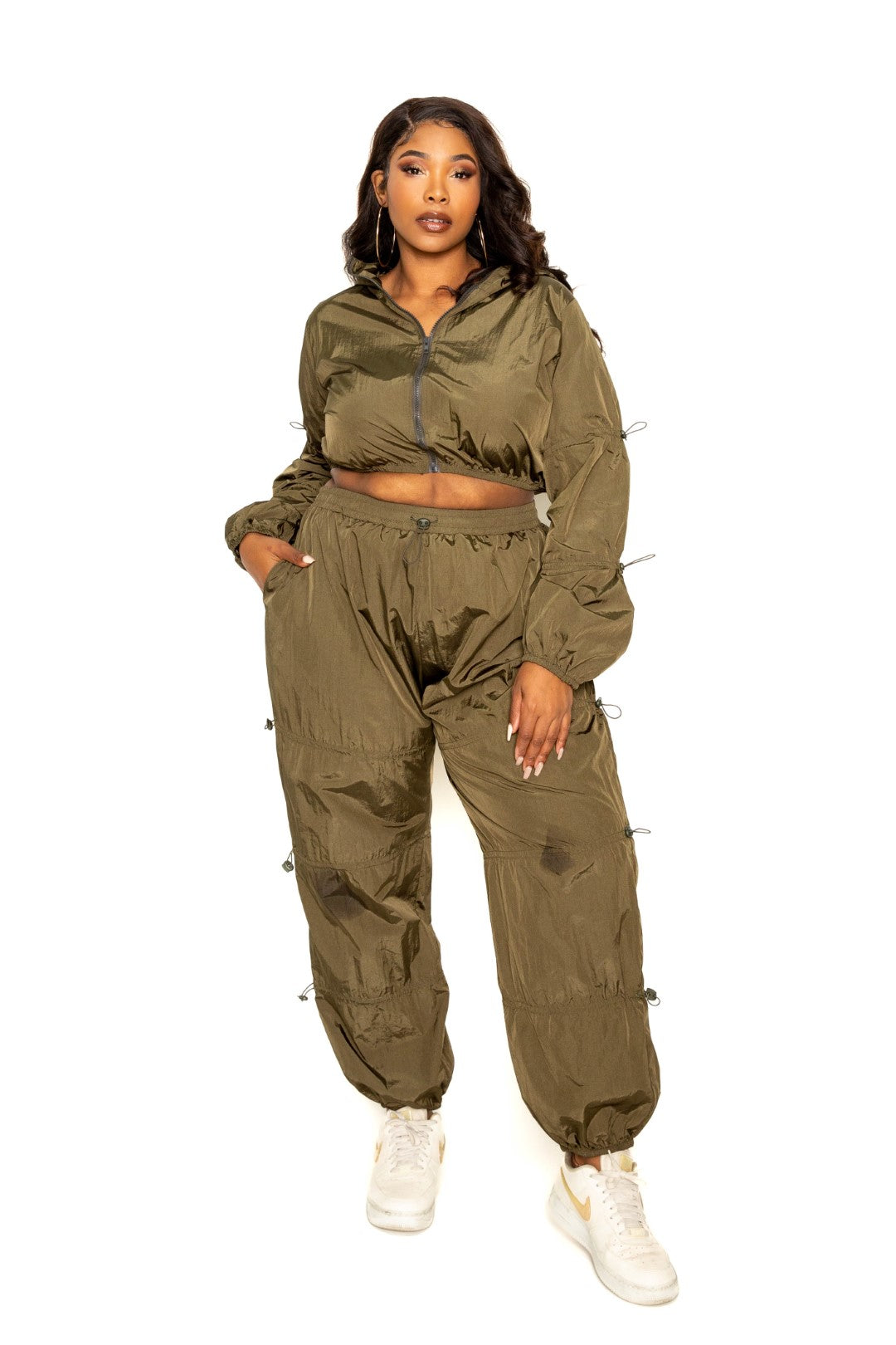 Active Zip Up Set in olive color featuring cord lock detail, designed for comfort and style in plus sizes.