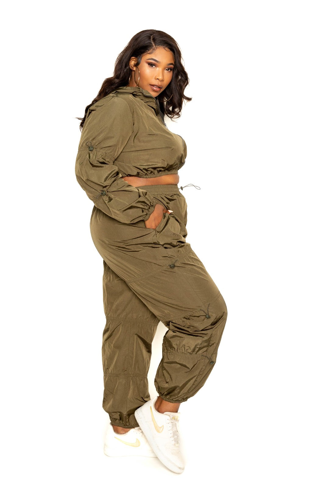 Active Zip Up Set in olive color featuring cord lock detail, designed for comfort and style in plus sizes.