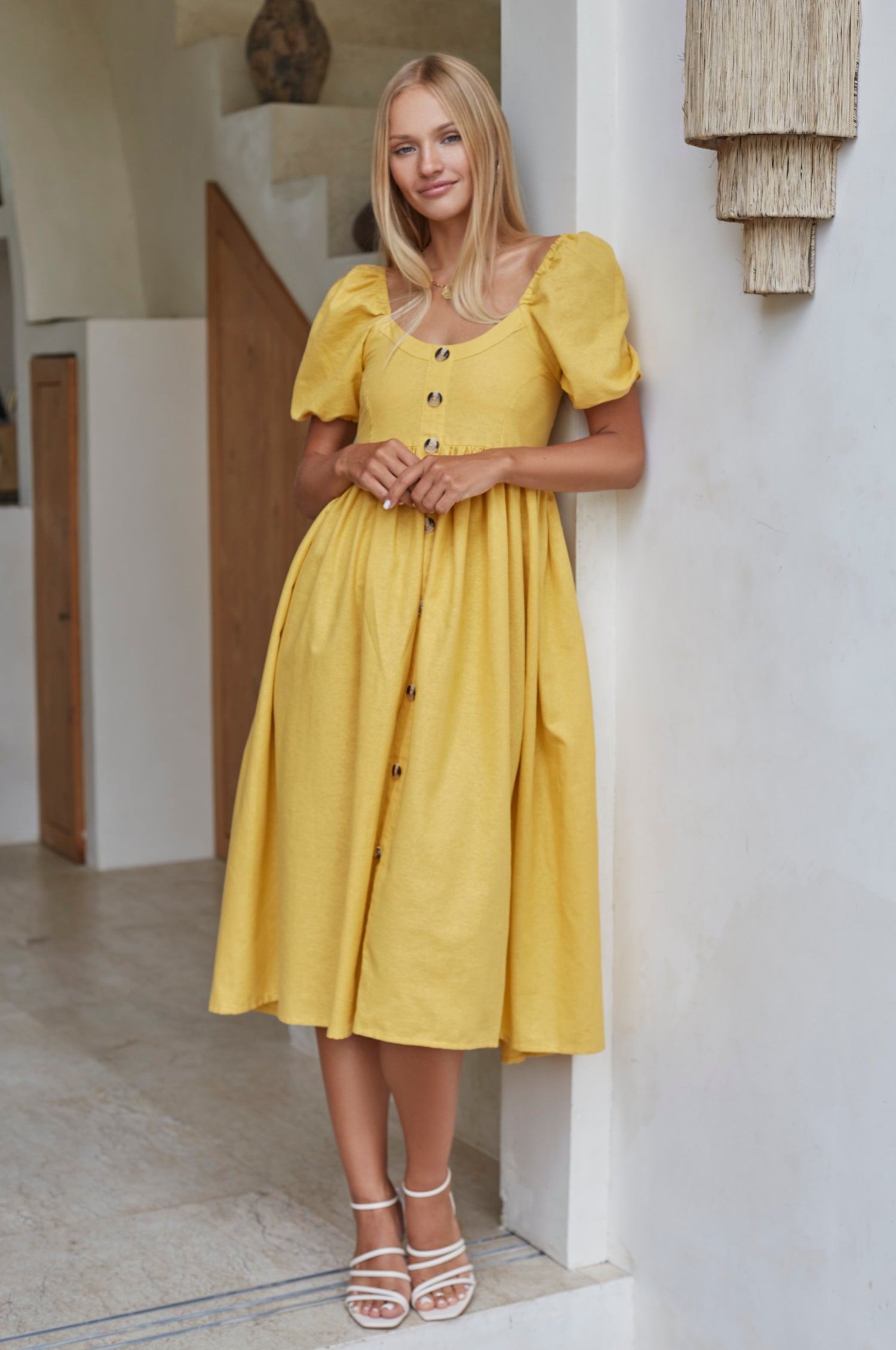 Adele Midi Dress in pure linen featuring a square neckline, smocked back, and billowy puff sleeves, perfect for elegant occasions.