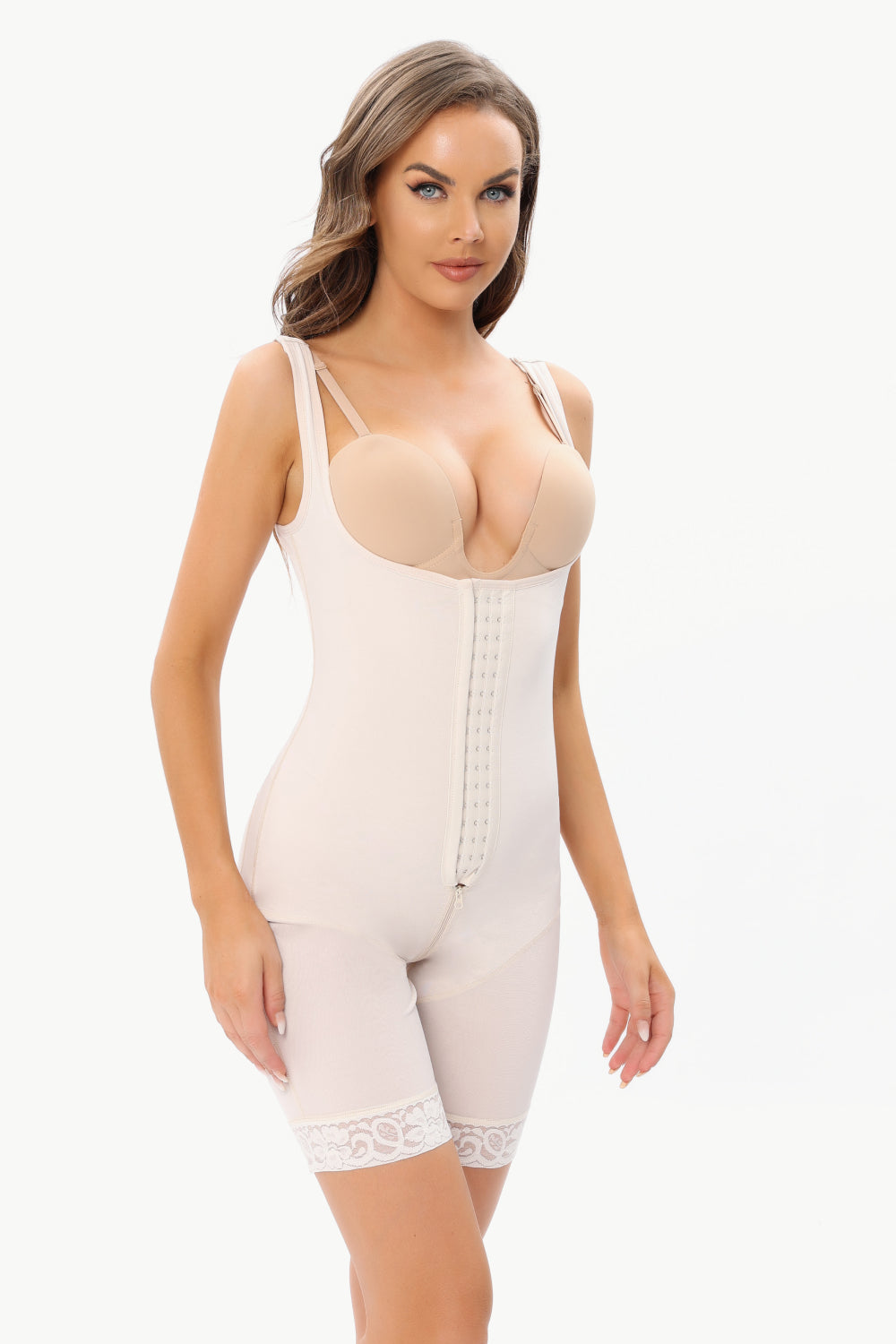 Adjustable Hook-and-Eye Mid-Thigh Shapewear in solid color, showcasing its minimalist design and adjustable closure.