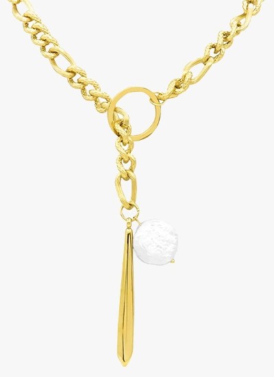 Adornia Water Resistant 14K Yellow Gold Plated Stainless Steel Imitation Pearl Figaro Chain Necklace, showcasing its elegant design and durability.