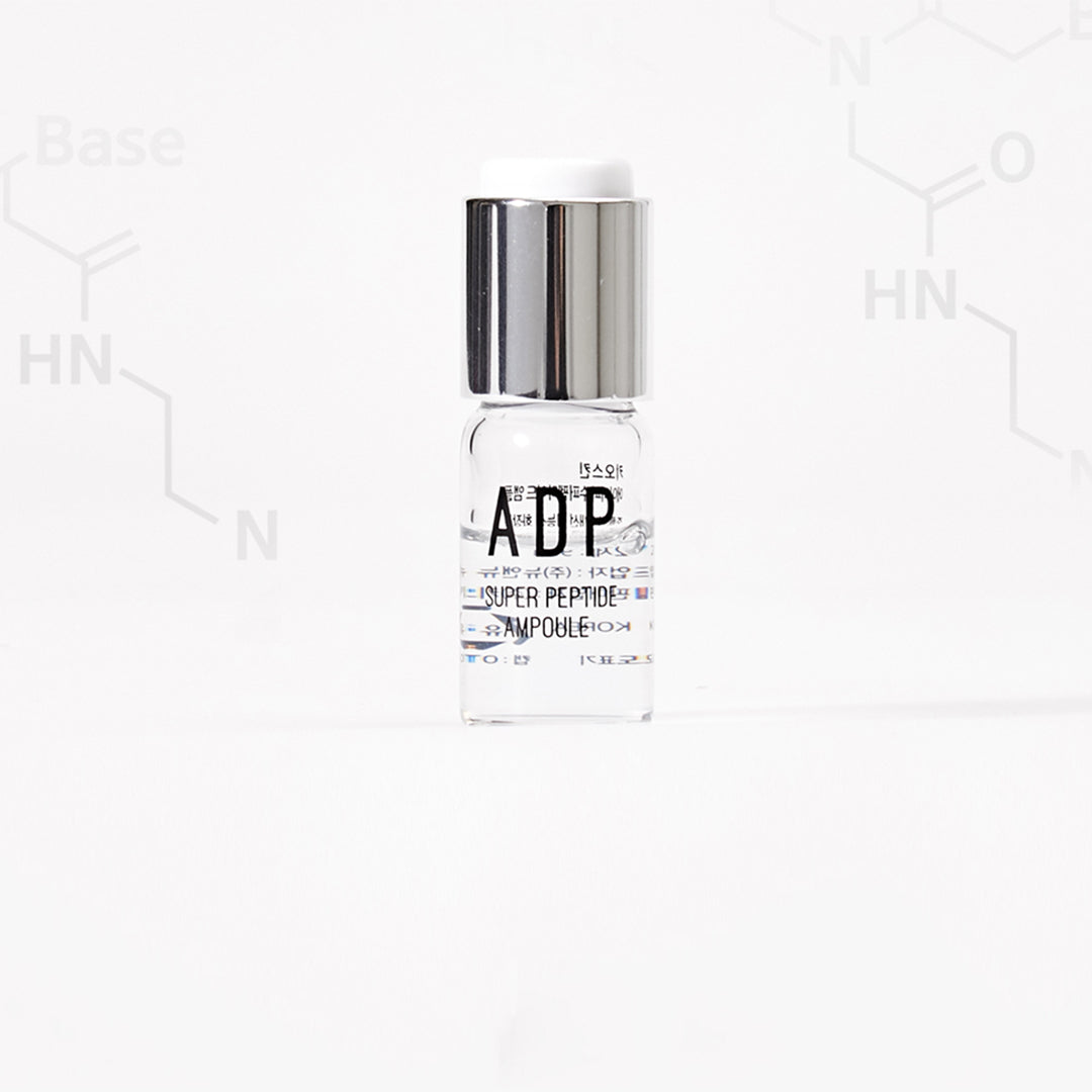 ADP Super Peptide Ampoule bottle showcasing its sleek design and label, highlighting its skincare benefits.