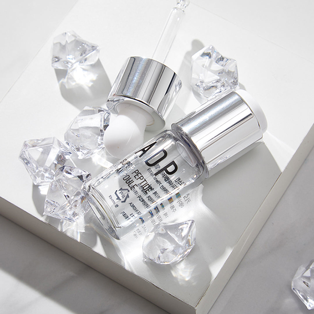 ADP Super Peptide Ampoule bottle showcasing its sleek design and label, highlighting its skincare benefits.