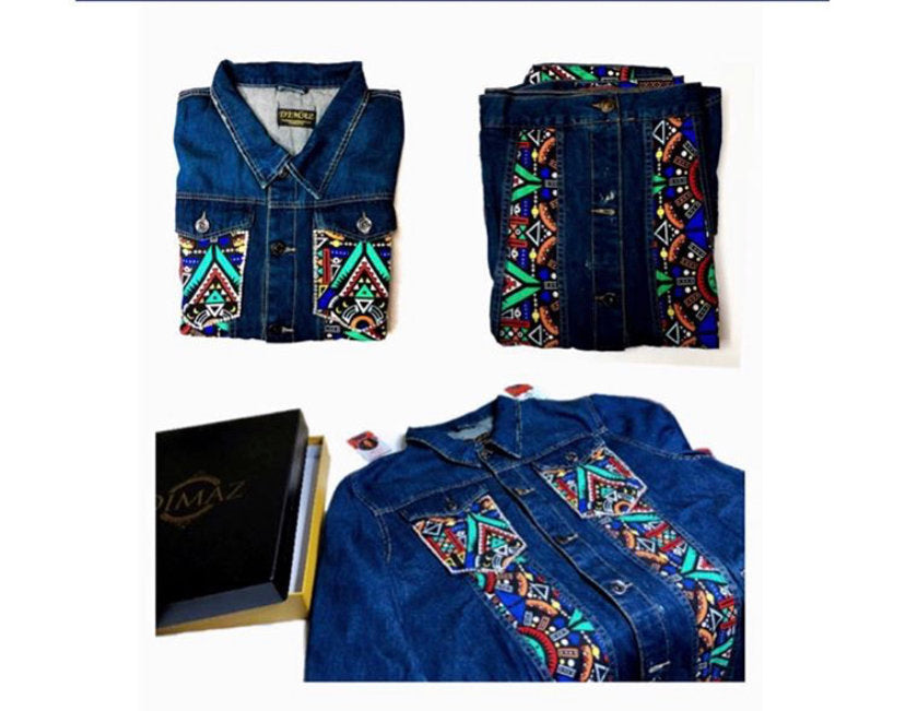 A vibrant African Denim Jacket featuring colorful ankara wax patterns combined with classic denim fabric, showcasing unique cultural design.