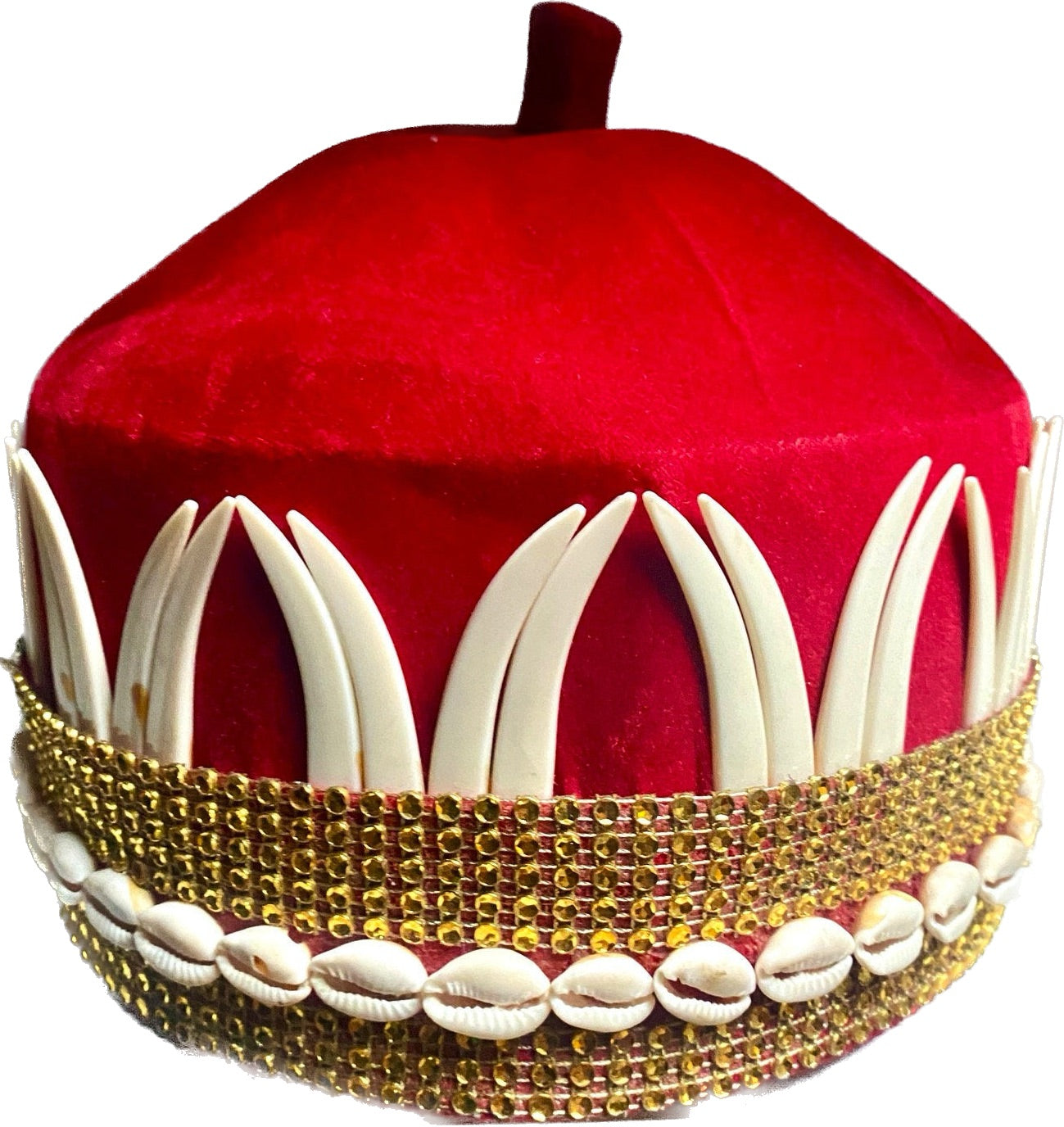 A vibrant red African hat embellished with cowries and tusks, symbolizing cultural heritage and elegance.