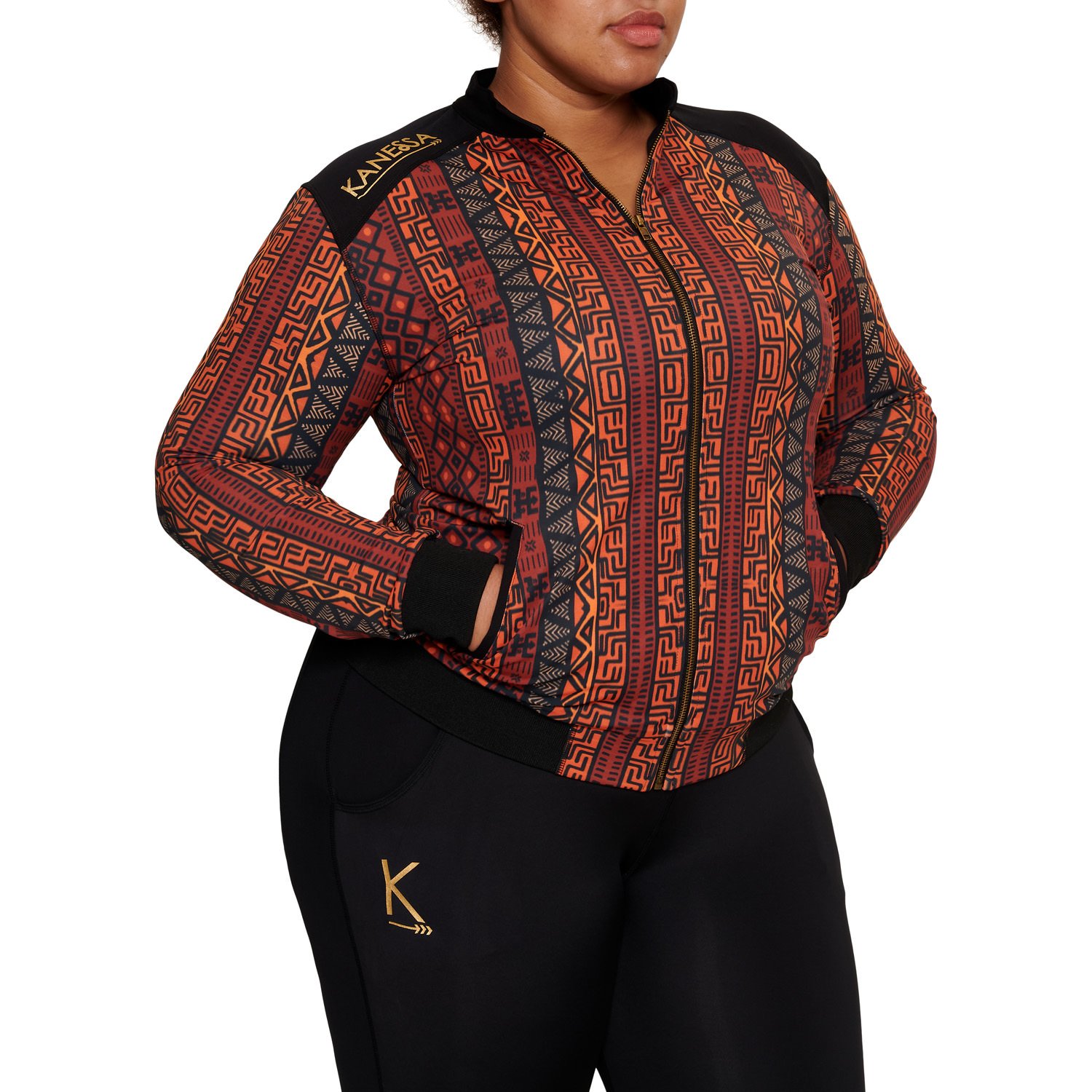 A stylish African Jacket designed for plus-size women, featuring vibrant prints and a flattering fit, perfect for workouts and casual outings.