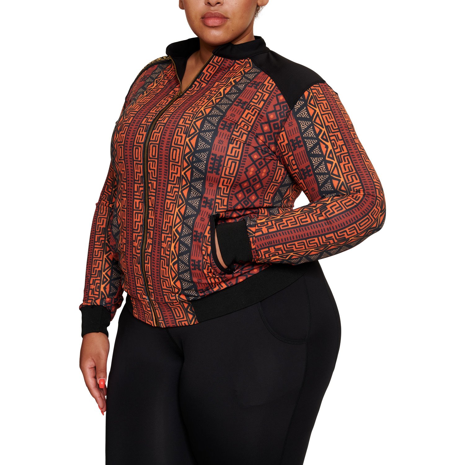 A stylish African Jacket designed for plus-size women, featuring vibrant prints and a flattering fit, perfect for workouts and casual outings.