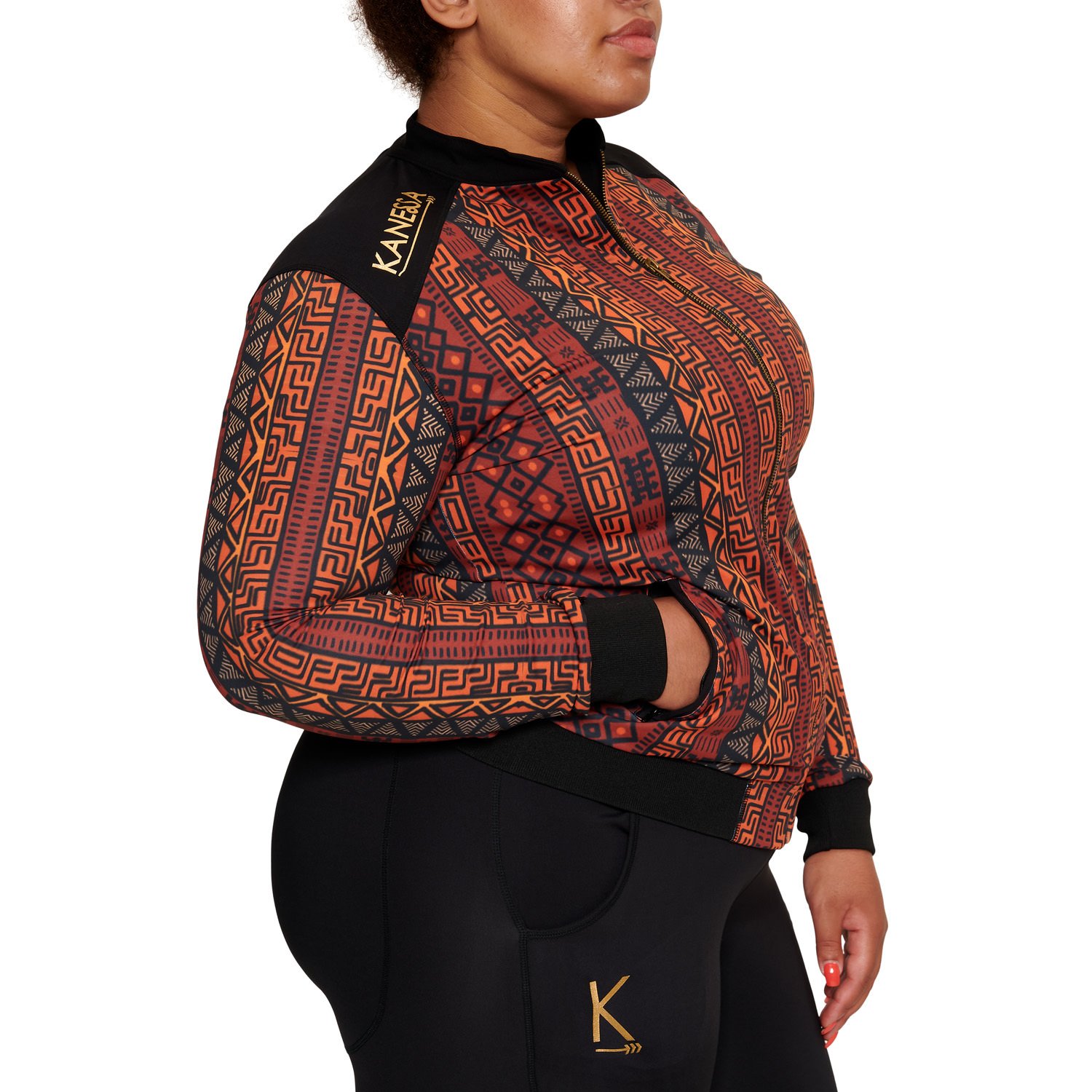 A stylish African Jacket designed for plus-size women, featuring vibrant prints and a flattering fit, perfect for workouts and casual outings.