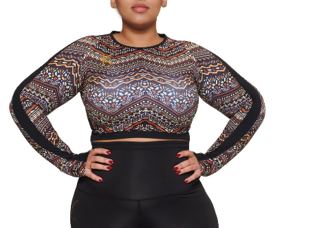 Afriq Crop Top featuring an elegant African pattern, long sleeves, and a comfortable fit.