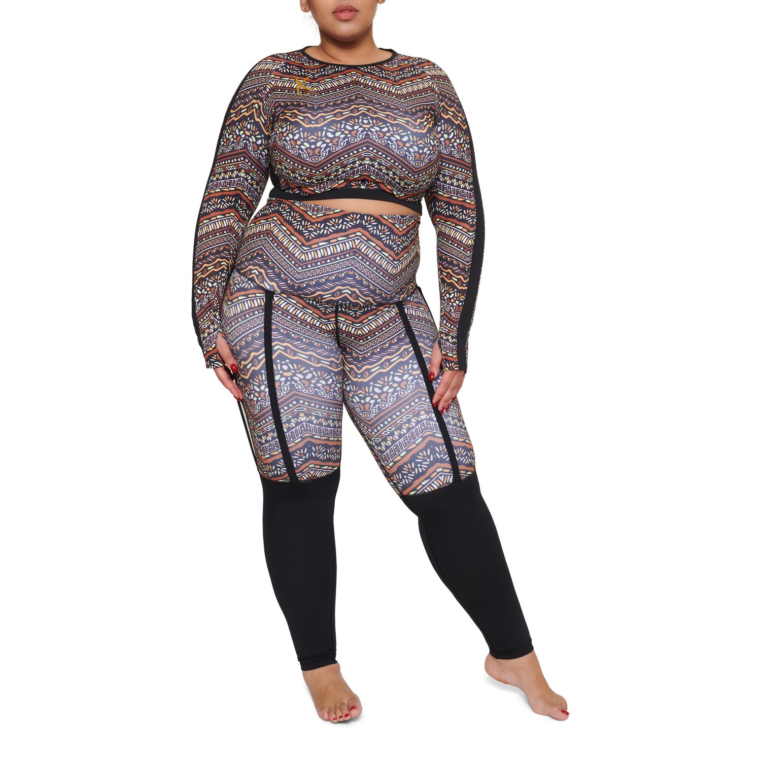 Afriq leggings featuring a two-tone design with black and vibrant patterns, perfect for workouts and casual wear.