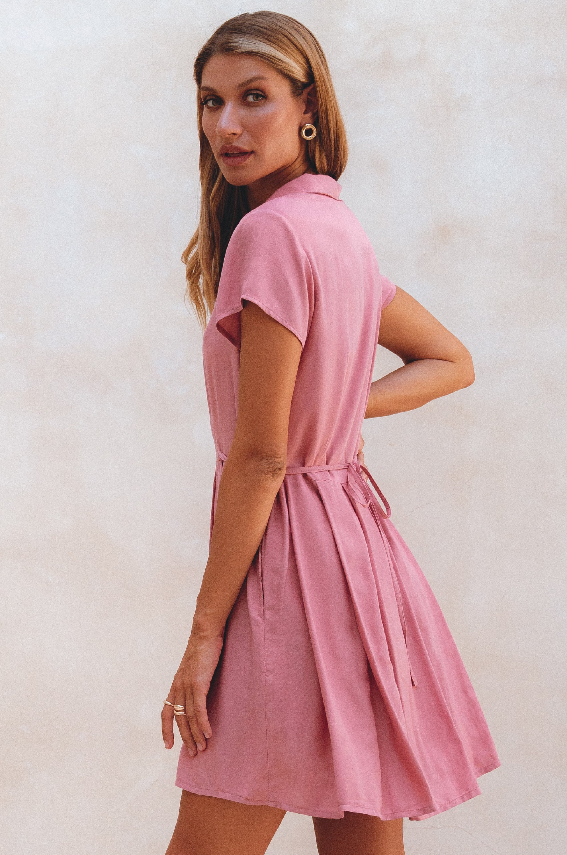 Agnes Shirt Dress featuring a button-down design, V-neckline, and self-tie waist in a mini length, perfect for casual outings.