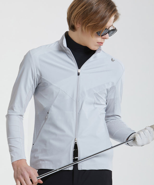 Air Punching Open Zip-up in Light Grey, showcasing its stylish design and breathable fabric, ideal for golf and casual wear.