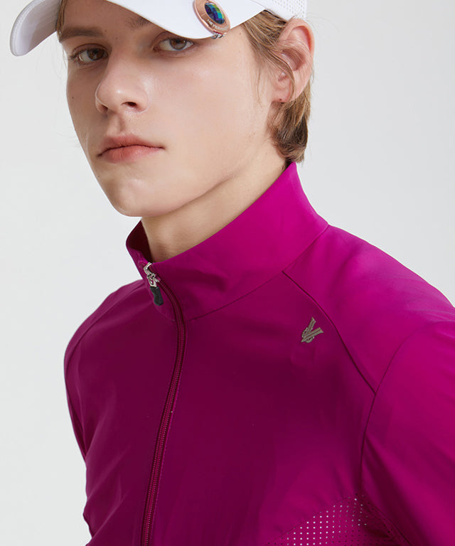 Air Punching Open Zip-up in Purple, showcasing its stylish design and breathable fabric, ideal for golf and casual wear.