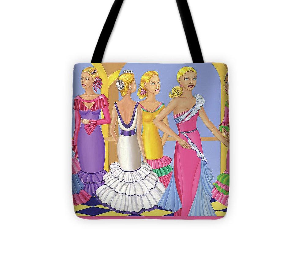 All About The Dress Tote Bag featuring vibrant print on both sides, made from durable poly-poplin fabric with a black shoulder strap.