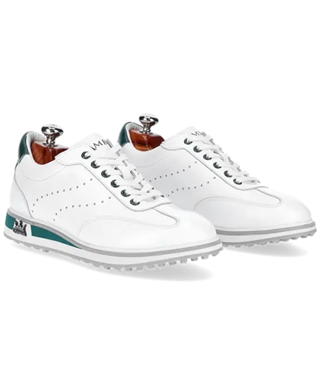 Alba White & Green ladies' golf shoes showcasing premium waterproof leather and soft spikes outsole.