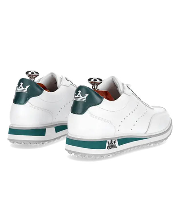 Alba White & Green ladies' golf shoes showcasing premium waterproof leather and soft spikes outsole.