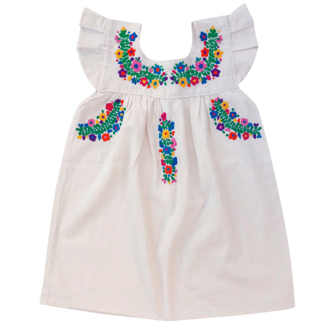 Allegra Sundress featuring flutter sleeves and multicolor hand embroidery on organic cotton fabric.