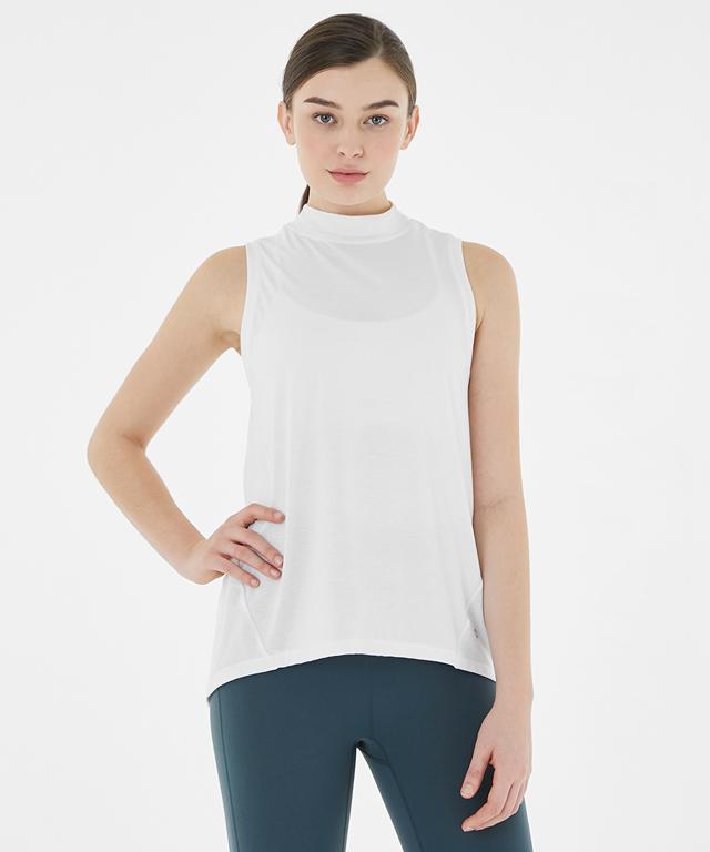 Allegro Tank featuring a stylish half-neck design and unbalanced length for body line concealment.