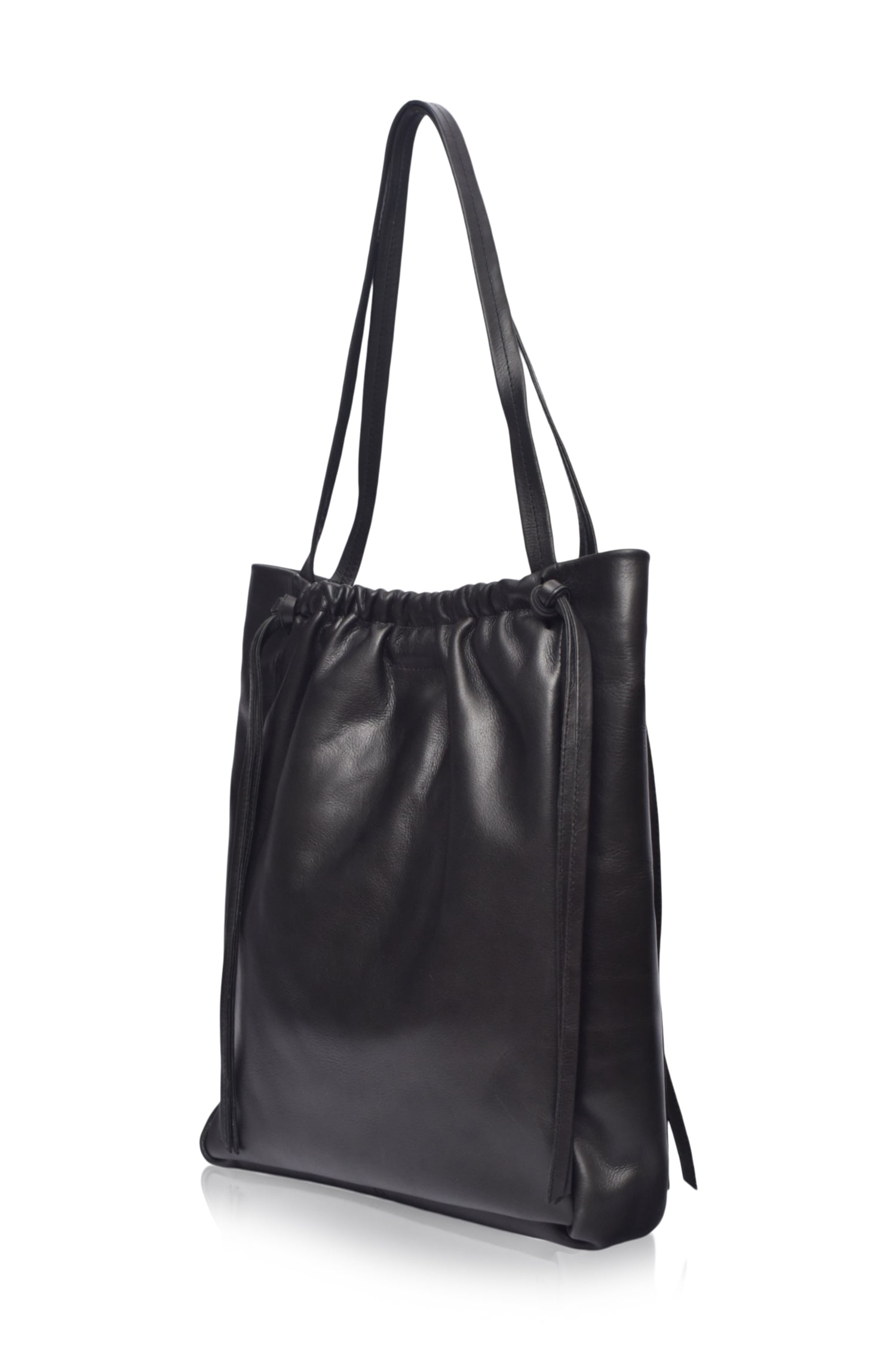 Alessia Leather Tote Bag featuring ruched detailing and tassels, handcrafted from genuine leather, perfect for daily essentials.