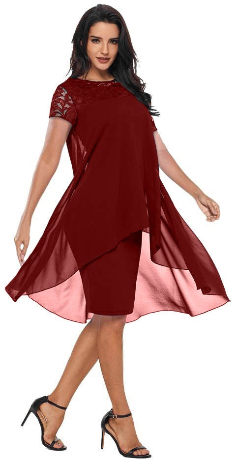 Elegant burgundy Alexa dress featuring lace short sleeves and an asymmetrical translucent top layer.