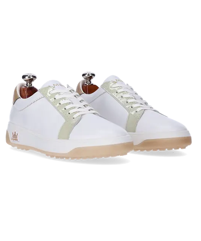 Alexandria Peach & Green ladies' golf shoes showcasing premium waterproof leather and soft spikes outsole.