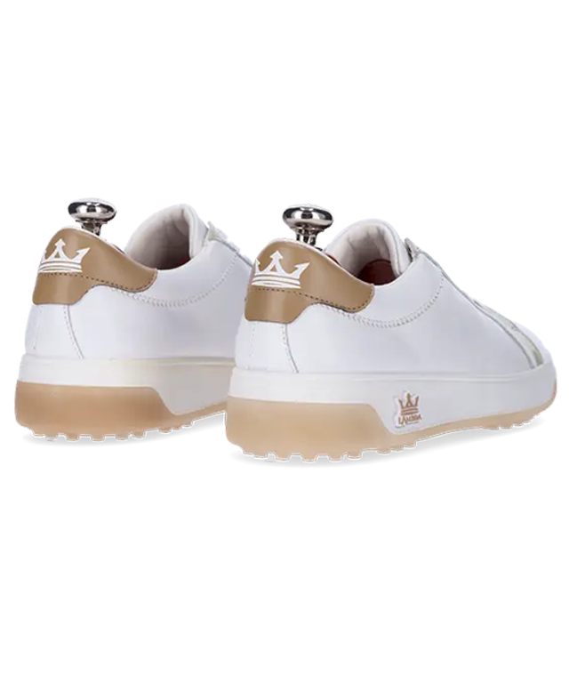 Alexandria Peach & Green ladies' golf shoes showcasing premium waterproof leather and soft spikes outsole.