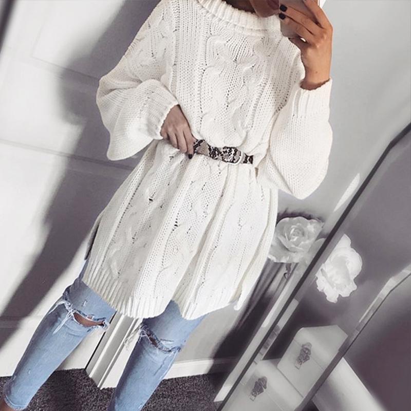 A-line turtleneck white sweater dress with long sleeves, perfect for winter fashion.